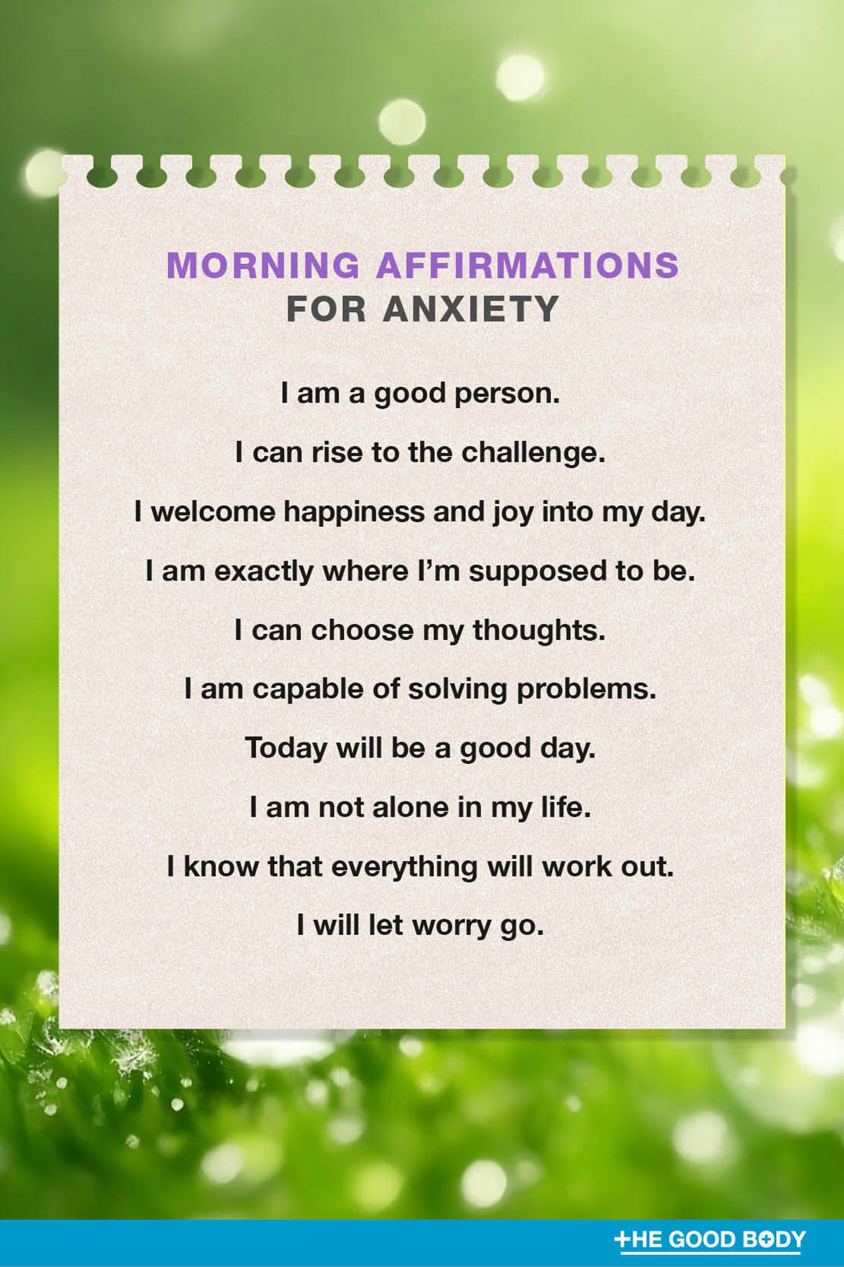 10 Morning Affirmations for Anxiety on Textured Note Paper Set Against Grass Background