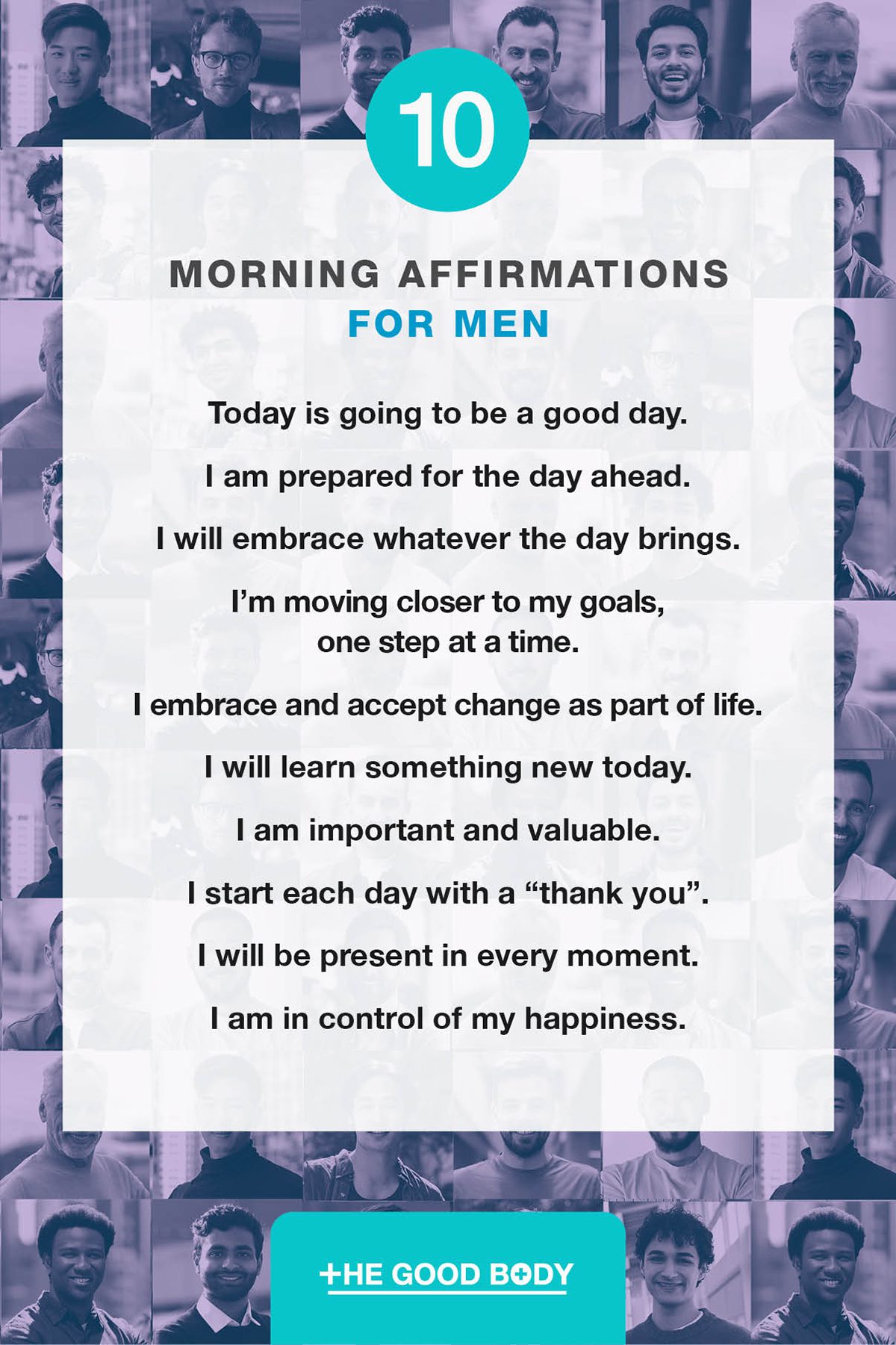 10 Morning Affirmations for Men on Paper Set Against Tiled Head Shots of Men