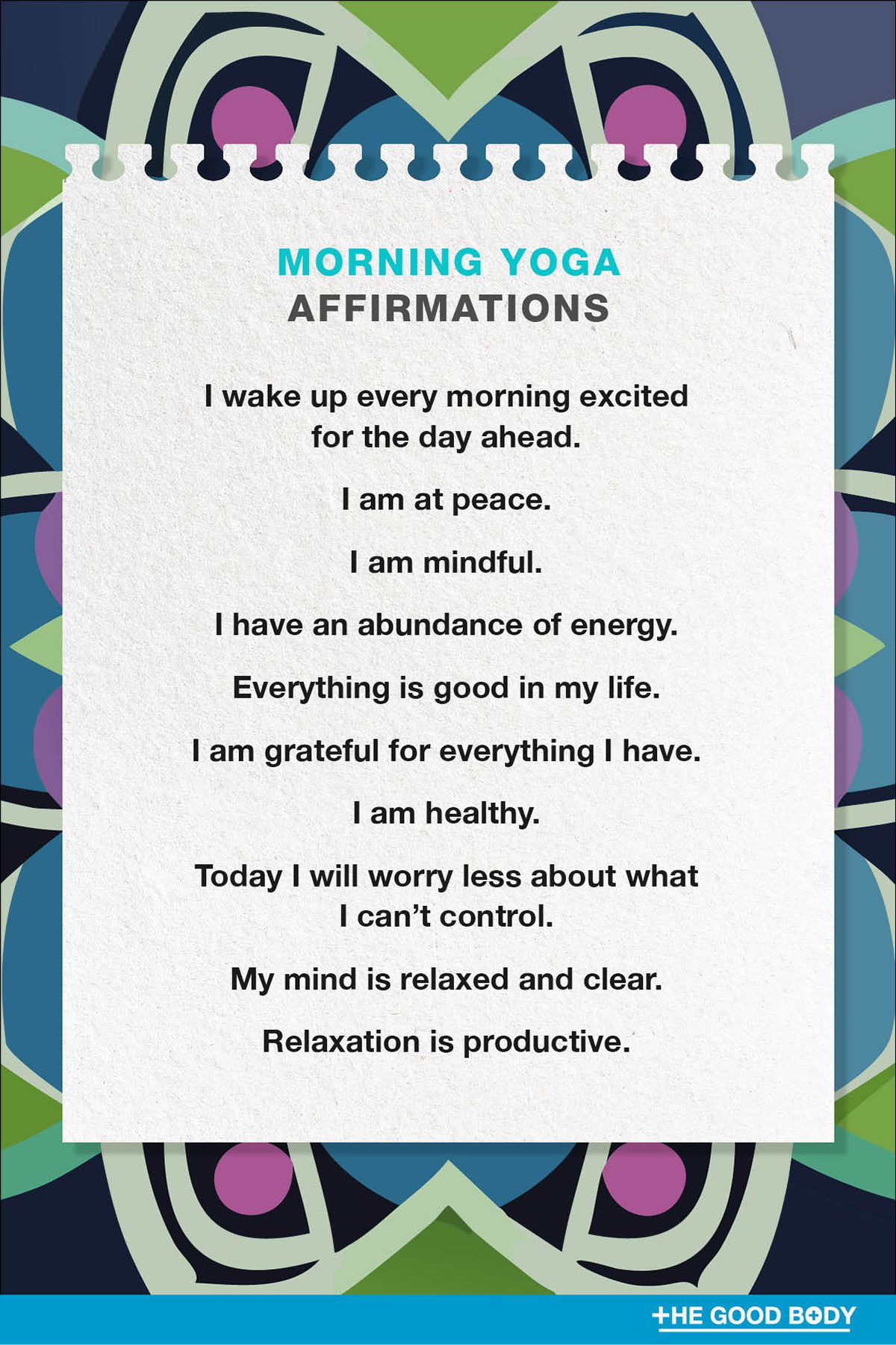 10 Morning Yoga Affirmations on Textured Notepaper Set Against Mandala Background