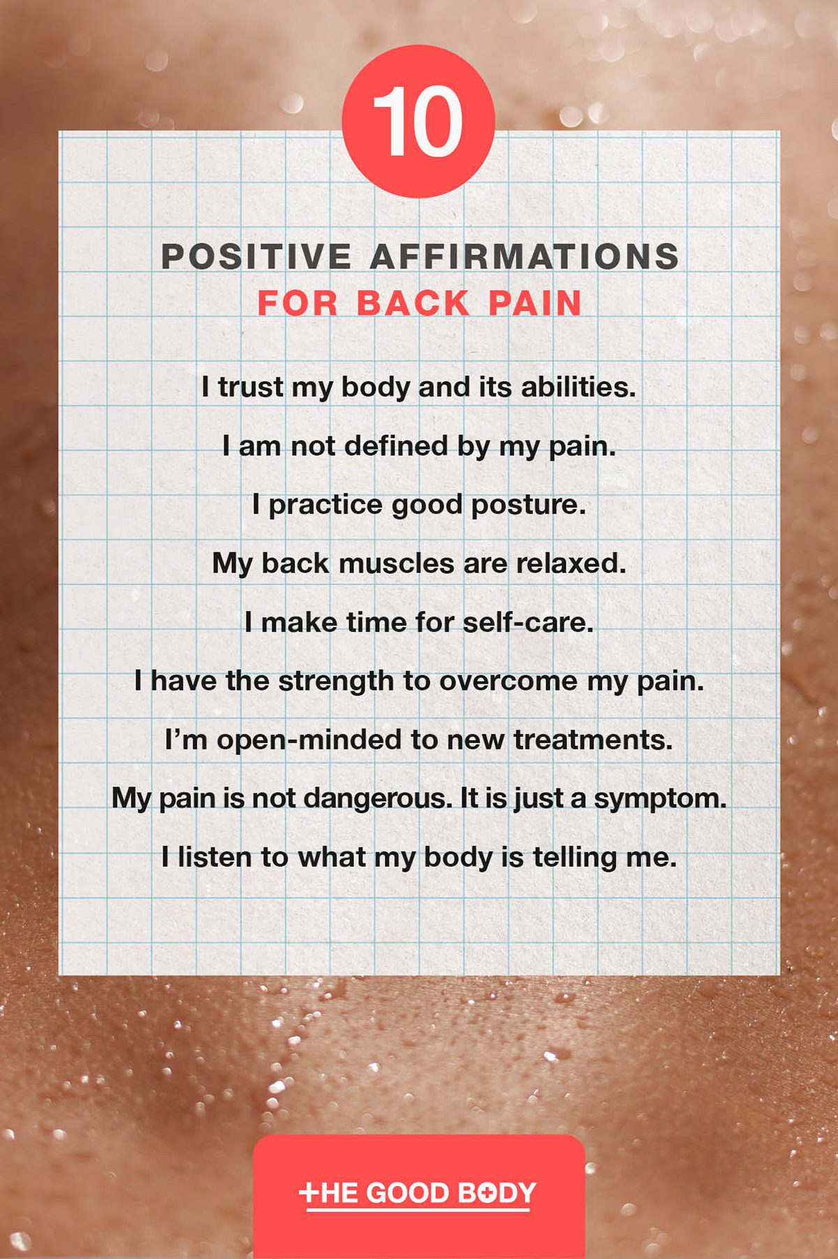 10 Positive Affirmations for Back Pain on Graph Paper Set Against Sweating Back Background