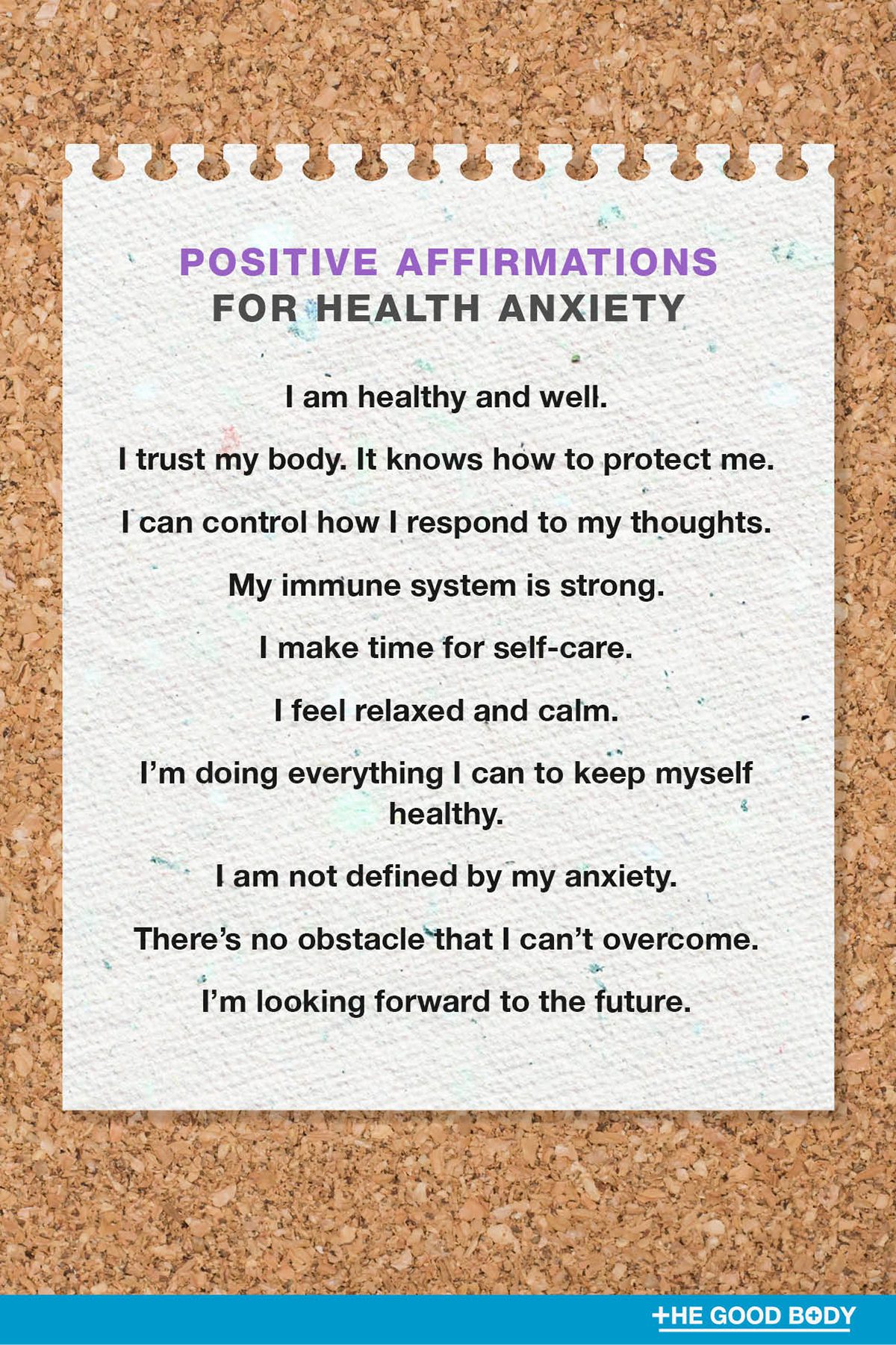 10 Positive Affirmations for Health Anxiety on Recycled Note Paper Set Against Corkboard