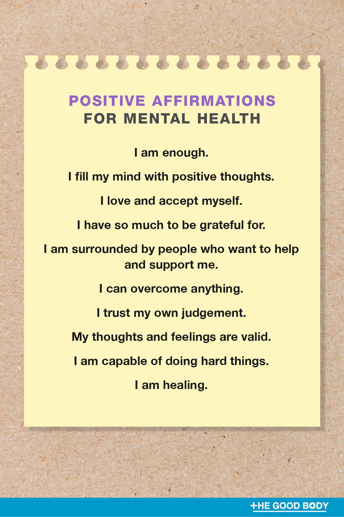 10 Positive Affirmations for Mental Health on Yellow Note Paper set Against Kraft Paper Background