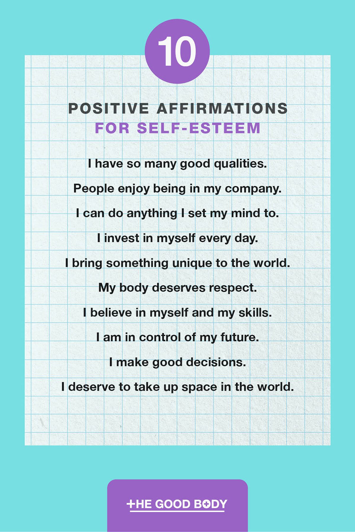 10 Positive Affirmations for Self-Esteem on Graph Paper Set Against Teal Background