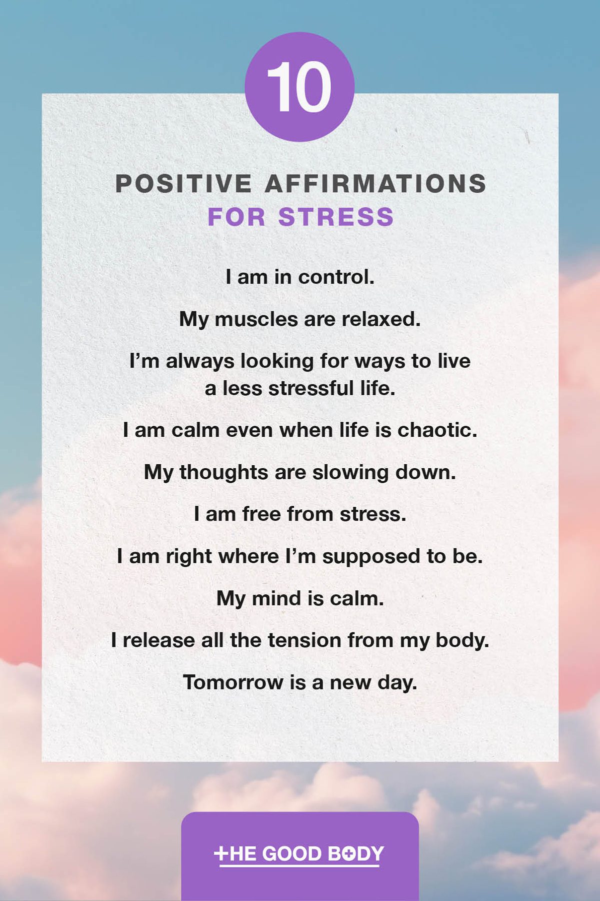 10 Positive Affirmations for Stress on Paper Set Against Light Blue Sky and Red Clouds Background