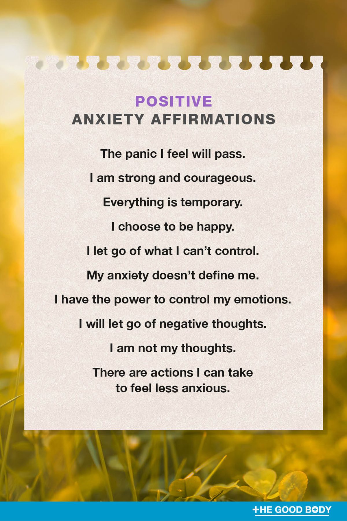 10 Positive Anxiety Affirmations on Textured Note Paper Set Against Grass and Sun Background