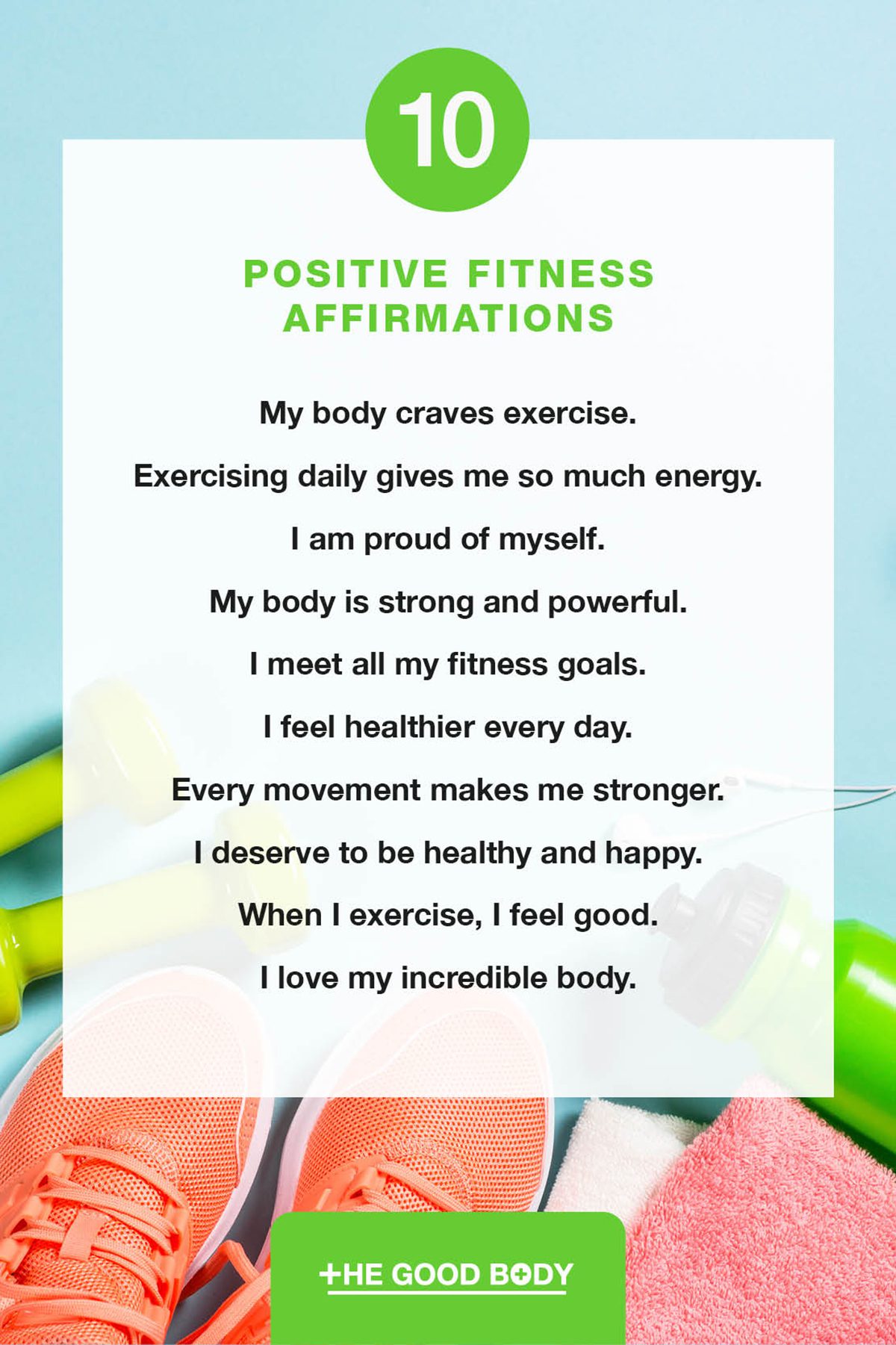 10 Positive Fitness Affirmations on Paper Set Against Workout Equipment Background