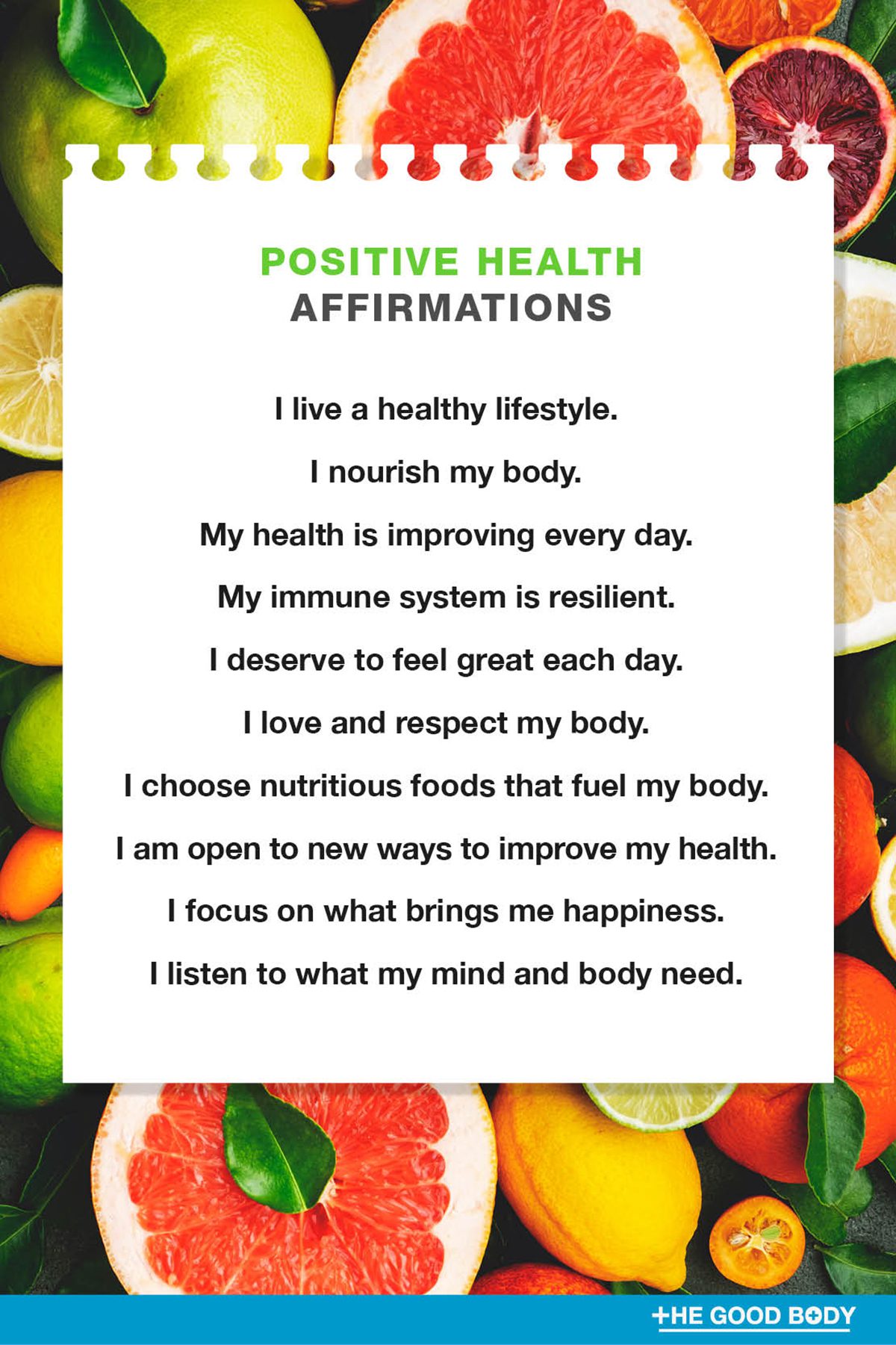 10 Positive Health Affirmations on White Note Paper Set Against Fruits Background