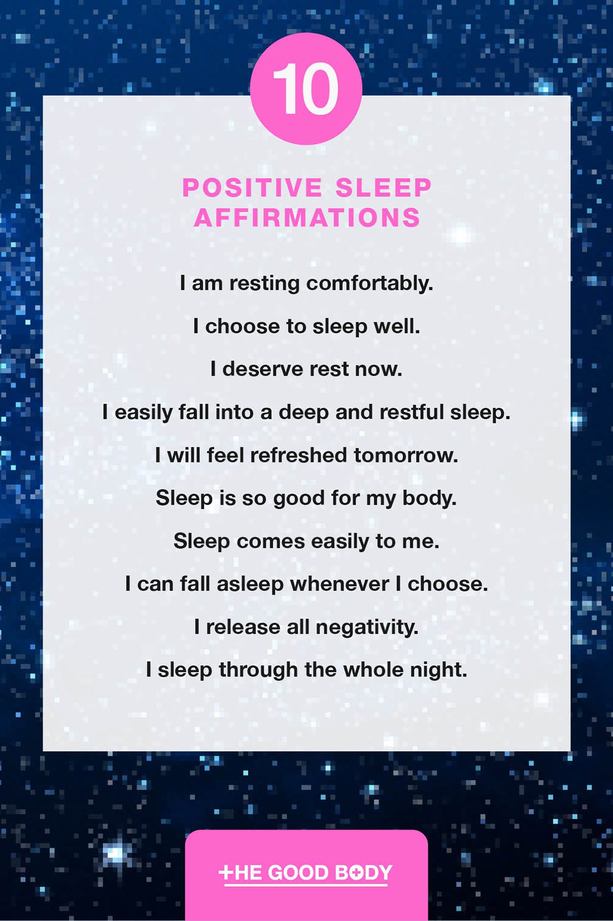 10 Positive Sleep Affirmations on Paper Set Against Pixelated Starry Night Background