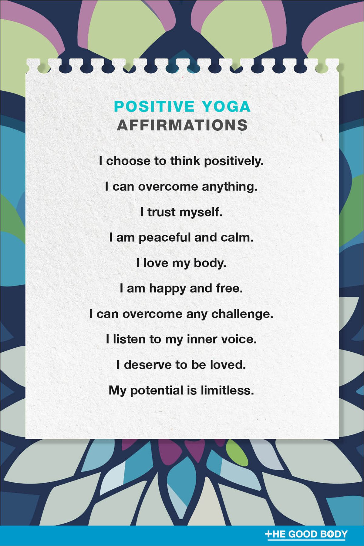 10 Positive Yoga Affirmations on Textured Notepaper Set Against Mandala Background