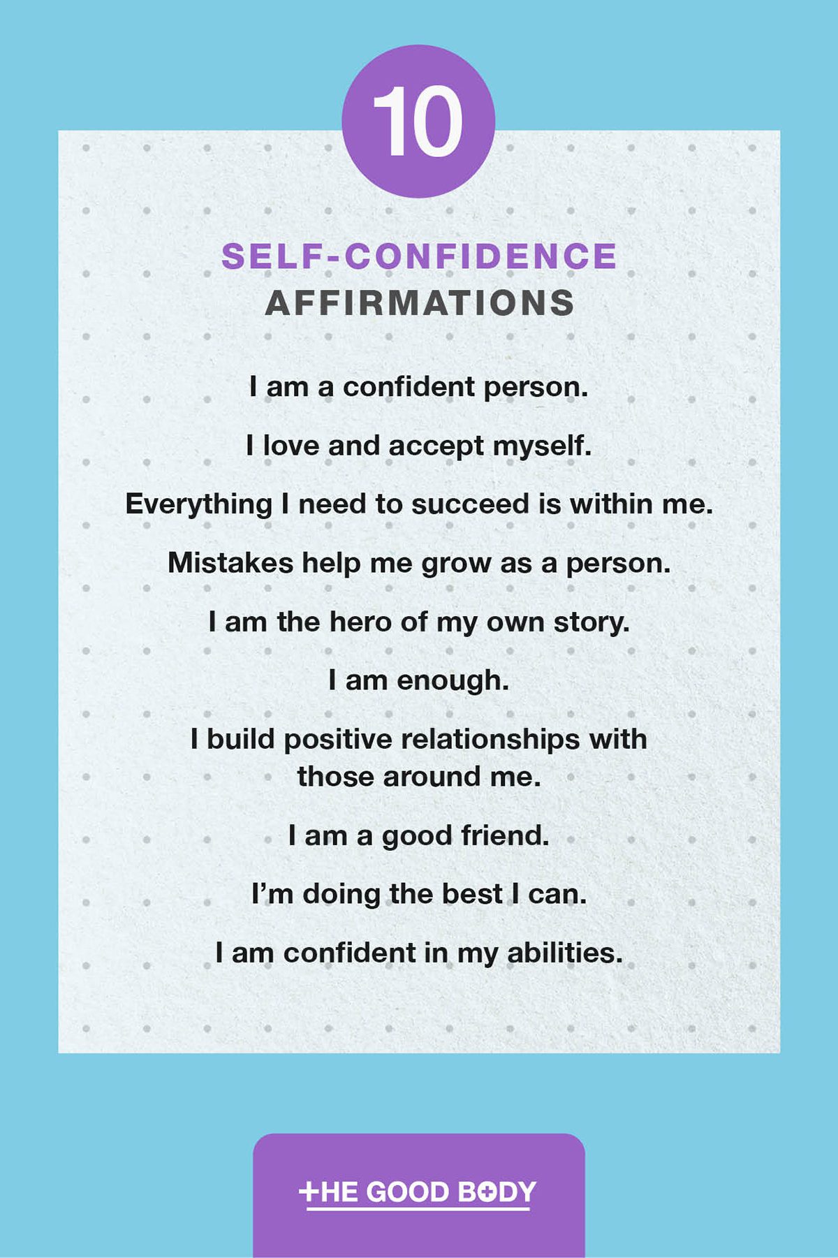 10 Self-Confidence Affirmations on Dotted Paper Set Against Light Blue Background