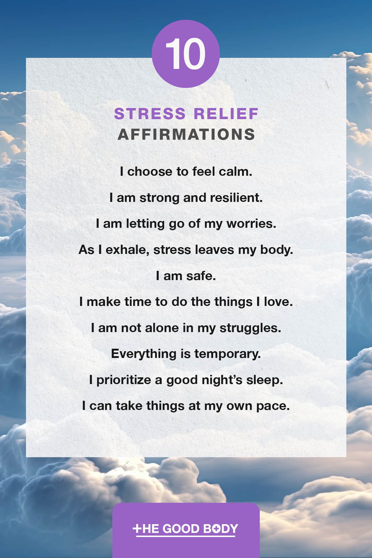 10 Stress Relief Affirmations on Paper Set Against Blue Sky and White Clouds Background