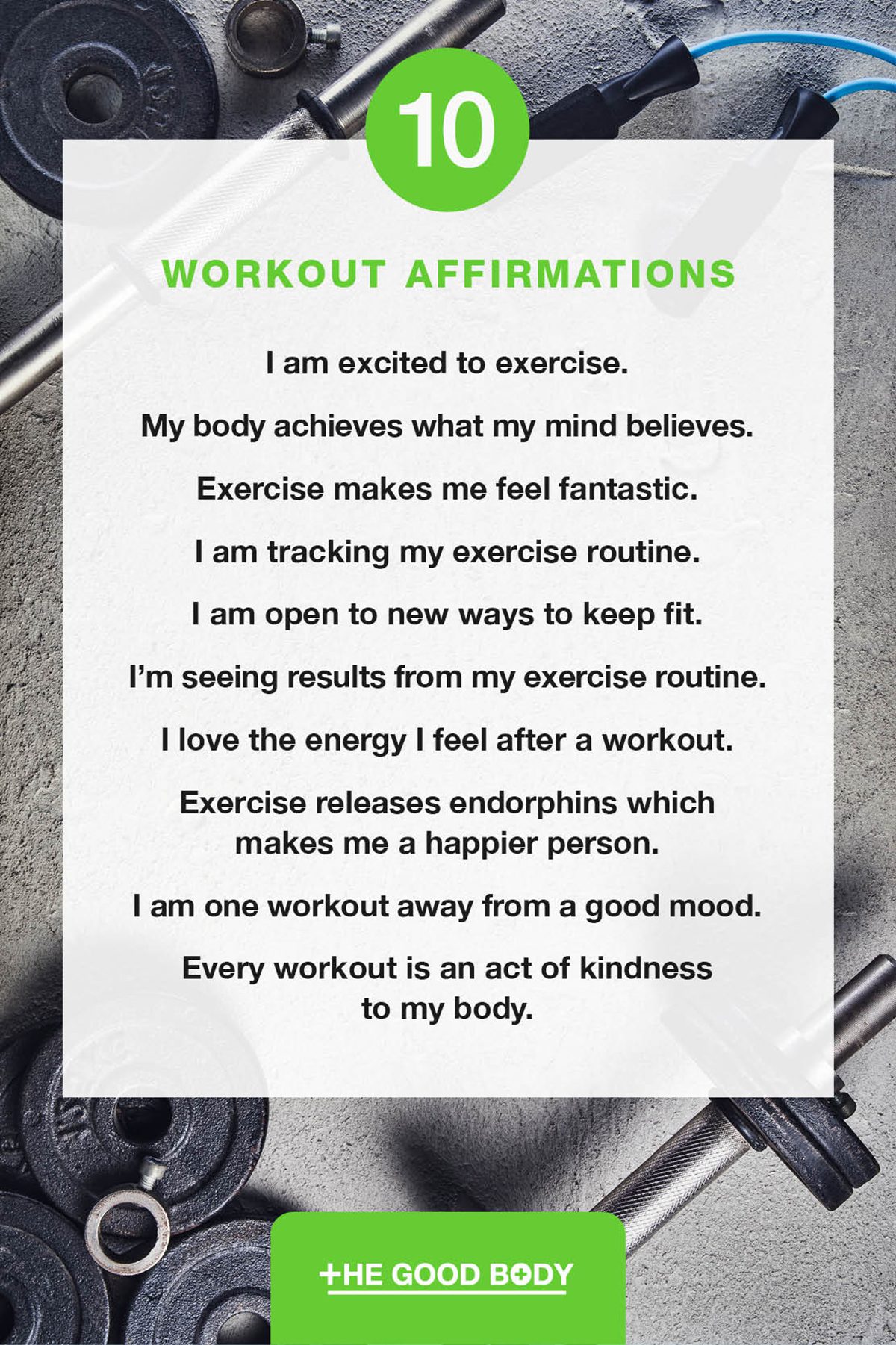 10 Workout Affirmations on Paper Set Against Free Weights Background