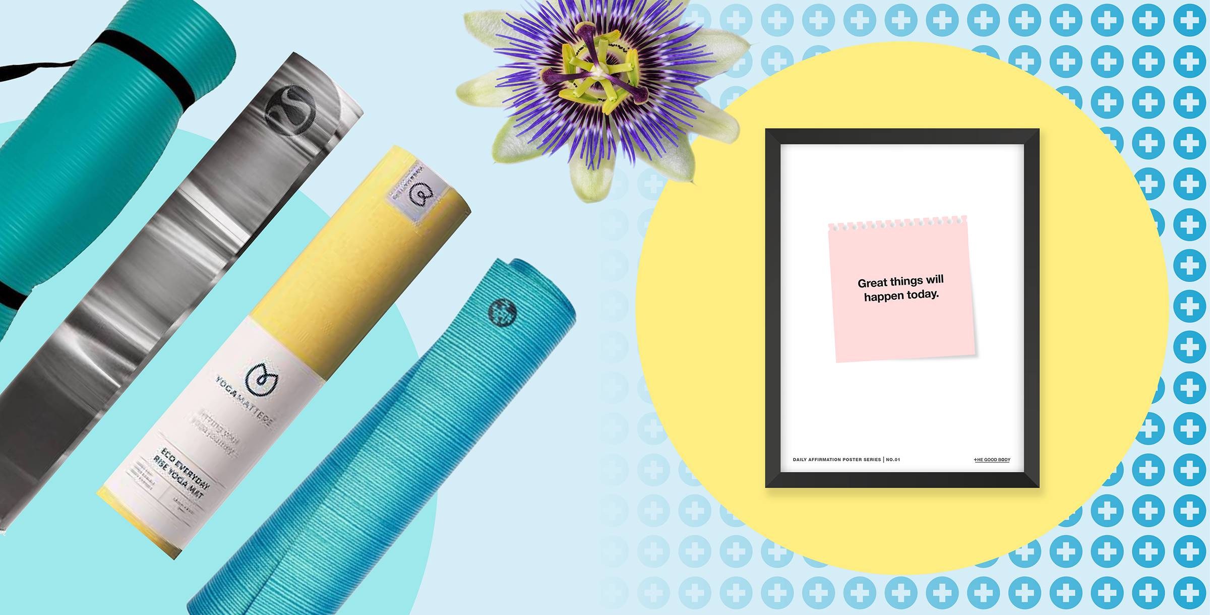 The Good Body logo wallpaper background with affirmation poster, yoga mats and chamomile flower